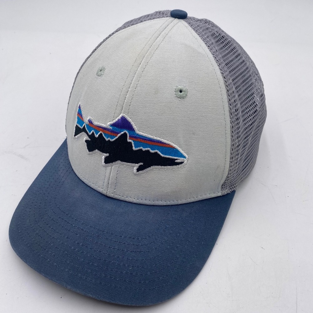 Patagonia Fitz Roy Trout Trucker Hat Gray Blue Snapback Mesh Fishing Cap OSFM
